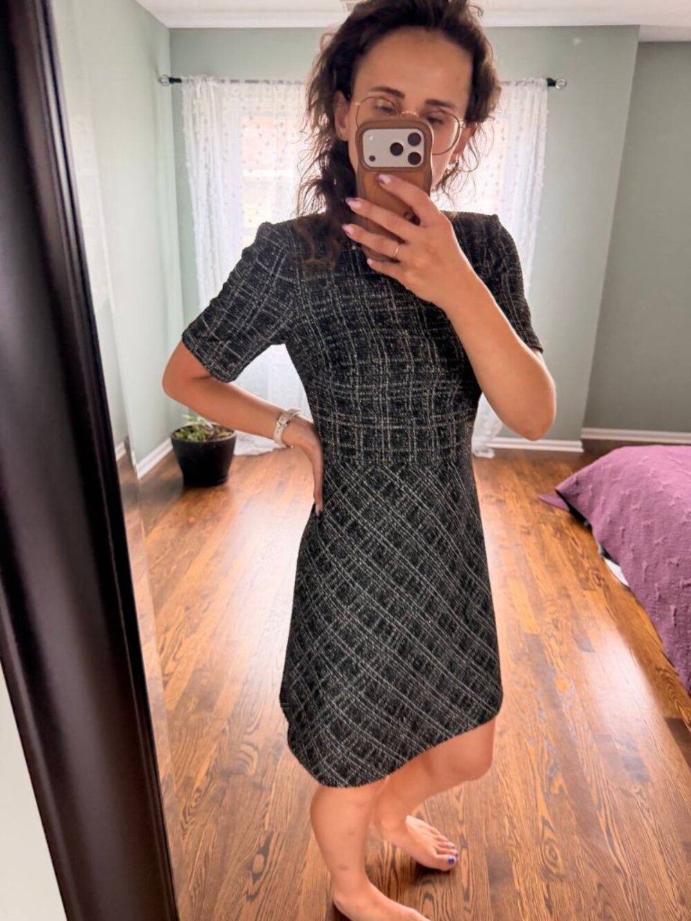 Calvin Klein Plaid Tweed Short Sleeve Mini Dress
